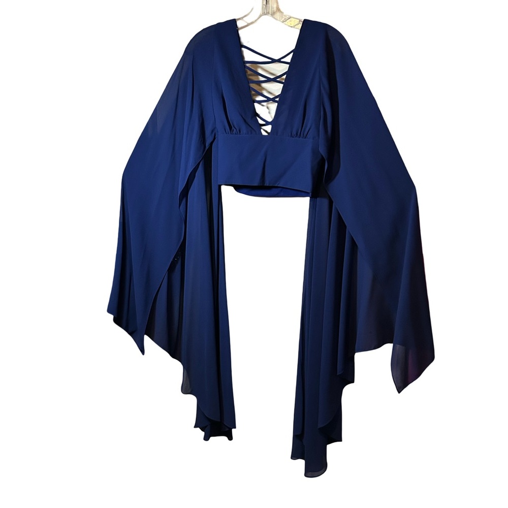BRAND NEW!! Nasty Gal Deep Blue Draped Lace-Up Crop Top with Draped Sleeves